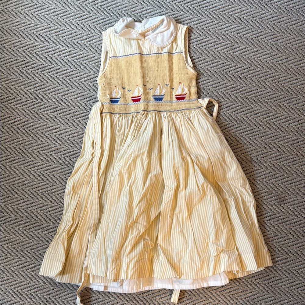 Yellow Striped Kids Dress with Sailboat Smocking